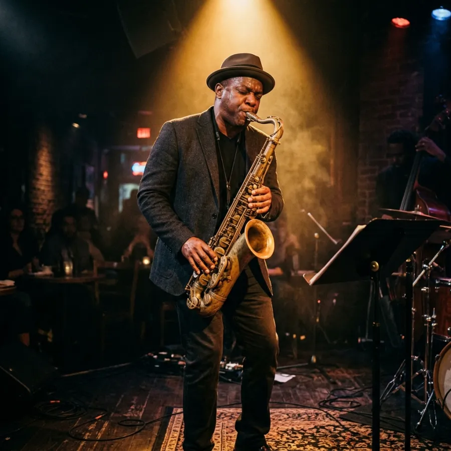 Jazz musician playing a saxophone on a dim stage